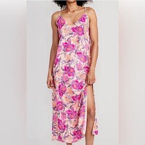 Old Navy Floral Pink/Peach/Orange tie back Maxi Dress  with slit Size Small Tall
